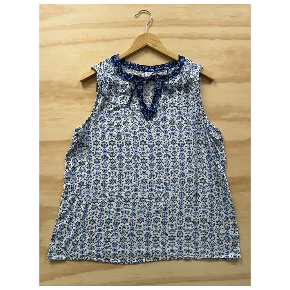 Croft & Barrow Blue Floral Sleeveless Top Women's L | Rayon Tie Neck Blouse